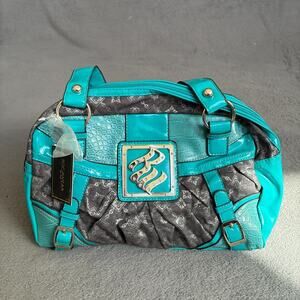 Rocawear Turquoise Grey Faux Leather Crocodile Zippered Casual Travel Handbag
